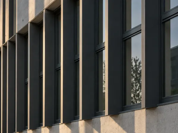 Building facade with anthracite powder-coated aluminium fins