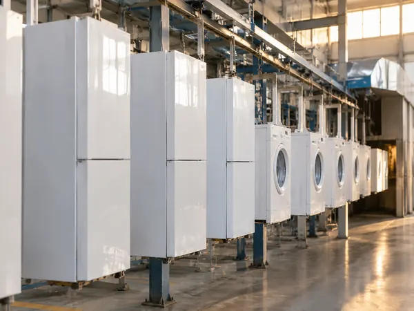 White appliance panels on a powder coating line