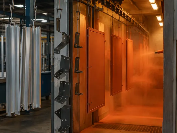 Metal parts entering a powder spray booth