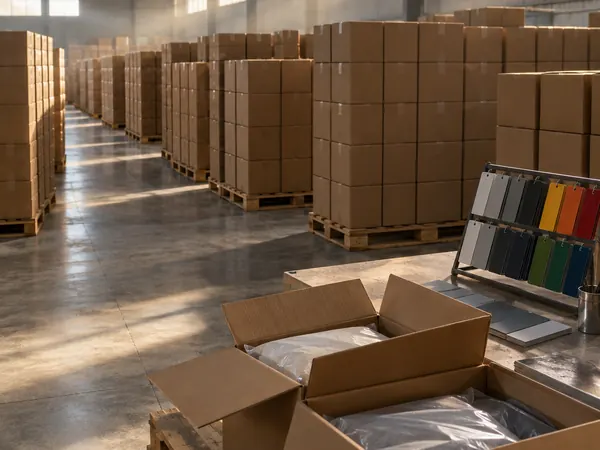 Powder coating cartons on pallets in a distribution warehouse
